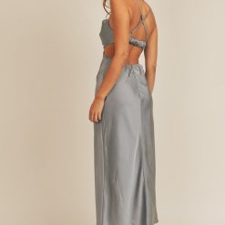 Southern Alternative Complete Bliss Satin Midi Dress (Dusty Blue) Clothing