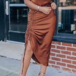 Southern Alternative Date Night Satin Midi Dress (Camel) Clothing