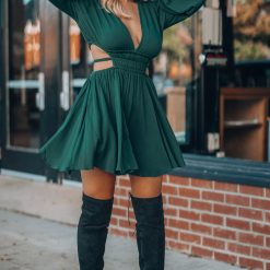 Southern Alternative Ansley Long Sleeve Mini Dress (Hunter Green) Clothing