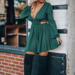 Southern Alternative Ansley Long Sleeve Mini Dress (Hunter Green) Clothing