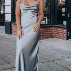 Southern Alternative Complete Bliss Satin Midi Dress (Dusty Blue) Clothing