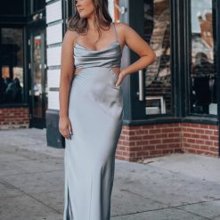 Southern Alternative Complete Bliss Satin Midi Dress (Dusty Blue) Clothing