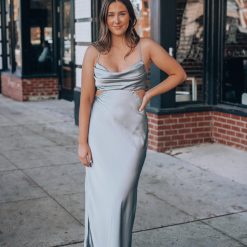 Southern Alternative Complete Bliss Satin Midi Dress (Dusty Blue) Clothing