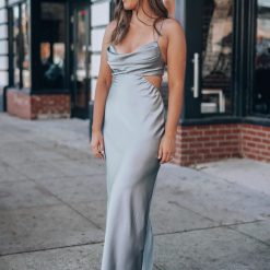 Southern Alternative Complete Bliss Satin Midi Dress (Dusty Blue) Clothing