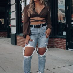 Southern Alternative Blouses + Tops Wonder Of You Wrap Crop Top (Brown)