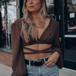 Southern Alternative Blouses + Tops Wonder Of You Wrap Crop Top (Brown)