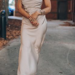 Southern Alternative Dresses Complete Bliss Satin Midi Dress (Taupe)