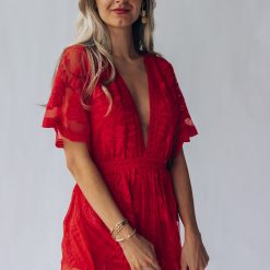Southern Alternative Firefly Lace Romper Dress (Red) Clothing