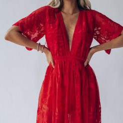 Southern Alternative Firefly Lace Romper Dress (Red) Clothing