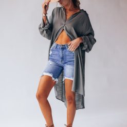 Southern Alternative Palm Woven Button Up (Slate) Blouses + Tops