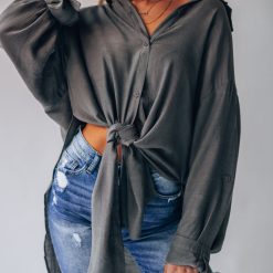 Southern Alternative Palm Woven Button Up (Slate) Blouses + Tops