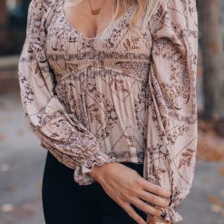 Southern Alternative Clothing Paisley Long Sleeve Blouse (Taupe)