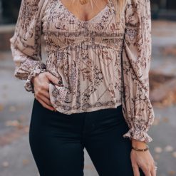 Southern Alternative Clothing Paisley Long Sleeve Blouse (Taupe)