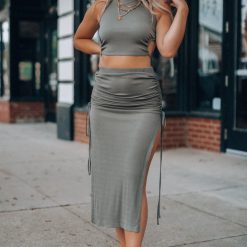 Southern Alternative Out Late Cinched Midi Skirt (Olive) Clothing
