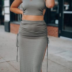 Southern Alternative Out Late Cinched Midi Skirt (Olive) Clothing