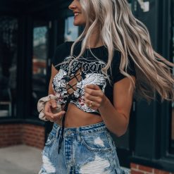 Southern Alternative Freedom Lace Up Tee (Black) Blouses + Tops