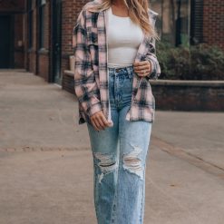 Southern Alternative Bad To The Bone Plaid Shacket (Pink) Clothing