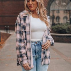 Southern Alternative Bad To The Bone Plaid Shacket (Pink) Clothing