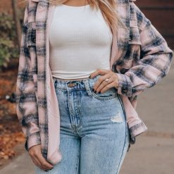 Southern Alternative Bad To The Bone Plaid Shacket (Pink) Clothing