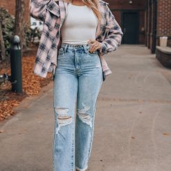 Southern Alternative Bad To The Bone Plaid Shacket (Pink) Clothing