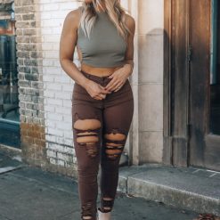 Southern Alternative Bexley Ribbed Cutout Crop Top (Olive)