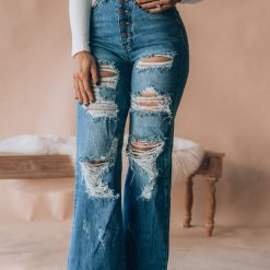 Southern Alternative Clothing Stay Awhile Wide Leg Distressed Jeans (Medium Wash)
