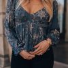 Southern Alternative Clothing Paisley Long Sleeve Blouse (Navy)