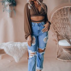 Southern Alternative Blouses + Tops Wonder Of You Wrap Crop Top (Brown)