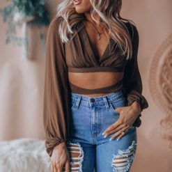 Southern Alternative Blouses + Tops Wonder Of You Wrap Crop Top (Brown)