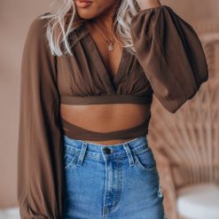 Southern Alternative Blouses + Tops Wonder Of You Wrap Crop Top (Brown)