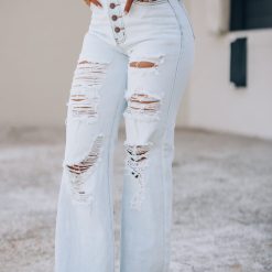 Southern Alternative Stay Awhile Wide Leg Distressed Jeans (Light Wash)
