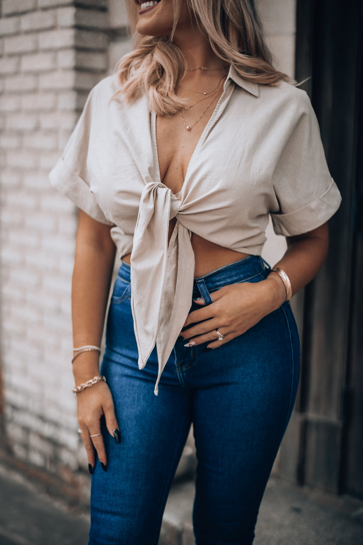 Southern Alternative Moonlight Tie Crop Top (Taupe) Southern Alternative Moonlight Tie Crop Top (Taupe)